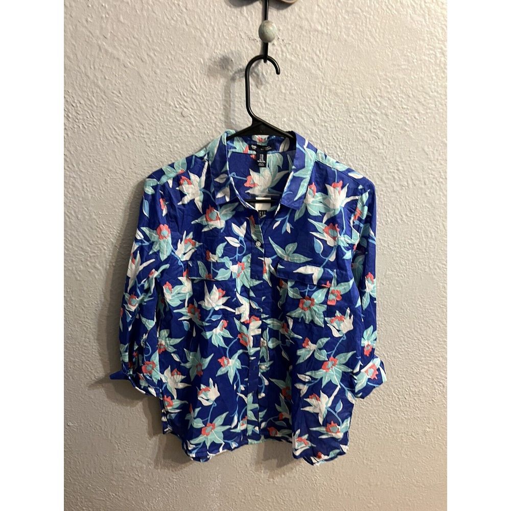 Women's Gap Shirt XS Blue Floral‎ Button Up Long Sleeve